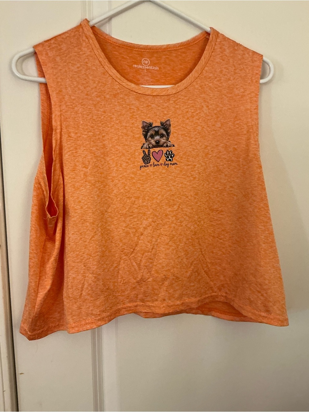 Real Essentials Orange Heather Yorkshire Terrier Peace Love Dog Mom Crop Tank L